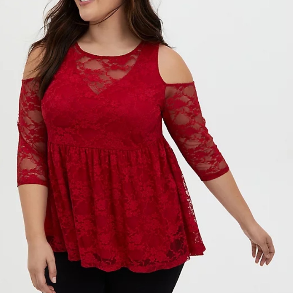 Dark Red Lace Cold Shoulder Babydoll